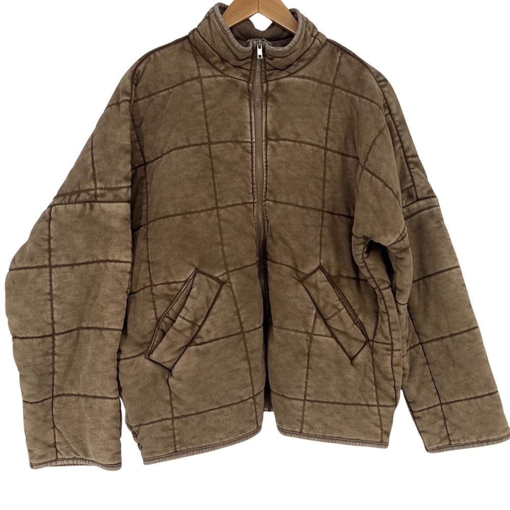 Forever 21 Quilted Mineral Wash Women Small Brown Oversized Mock Neck Zip Jacket